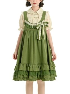 Forest Style Leaf Lace Ruffles Bowknot Sweet Retro Doll Classic Lolita Green Suspender Dress Short Sleeves Shirt Set -NAUS Lolita Shop 1 500x672 153