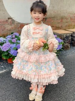 Cute Pink Floral Print Ruched Lace Ruffle Trim Pearl Bow Classic Lolita Long Sleeve Kid Dress -NAUS Lolita Shop 1 500x672 1531