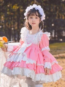 Pink White Sweet Round Neck Puff Sleeve Lace Bow-Knot Decoration Star Pendant Hem Design Sweet Lolita Kids Long Sleeve Dress -NAUS Lolita Shop 1 500x672 1532