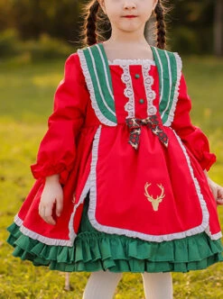 Winter Red And Green Christmas Style Bowknot Children Sweet Lolita Kids Thicken Red Long Sleeve Dress -NAUS Lolita Shop 1 500x672 1536