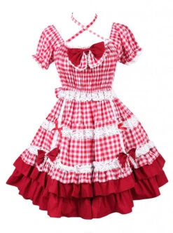 Cotton Red Plaid Ruffle Sweet Lolita Short Sleeve Dress -NAUS Lolita Shop 1 500x672 1552