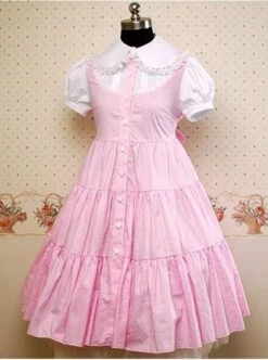 Pink And White Puff Short Sleeves Bow Lolita Dress
