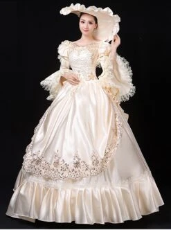 Beige Long Satin Delicate Lace Noble Elegant Royal Aristocratic Retro Court Prom Long Sleeve Dress
