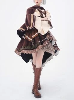 Hunter Series Pirate Style Steampunk PU Belt Apricot Splicing Brown Drawstring Straps Dress OP Hooded Cloak Set -NAUS Lolita Shop 1 500x672 1577