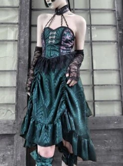 Lust Snake Series Jacquard Black Lace Halter Improve Cheongsam Gothic Sexy Blackish Green Drawstring Small A-line Hem Dress -NAUS Lolita Shop 1 500x672 1578