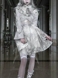 Rose Funeral Series White Gothic Dirty Dyed Halloween Belly Hollowed Out Medieval Gray Long Sleeve Dress -NAUS Lolita Shop 1 500x672 1588