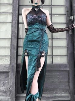 Lust Snake Series Sexy Slim Tassels Halter Improve Cheongsam Gothic Black Tulle Blackish Green Jacquard Satin Split Hem Dress -NAUS Lolita Shop 1 500x672 1591