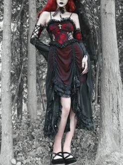 Night Visit Vampire Series Gothic Black Red Drawstring Christmas Lace Darkness Sling Dress With Hand Sleeves 13 Night Visit Vampire Series Gothic Black Red Drawstring Christmas Lace Darkness Sling Dress With Hand Sleeves -NAUS Lolita Shop 1 500x672 1597