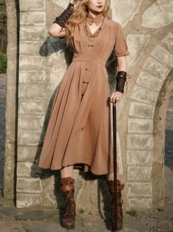 Vintage Mid-Century Coral Striped Gothic High Waist V-Neck Puff Short Sleeve Long Dress -NAUS Lolita Shop 1 500x672 1598