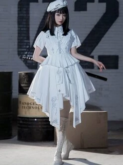 Fog City Thorns Series OP White Military Uniform Exquisite Embroidery Pattern Irregular Hem Classic Lolita Short Sleeve Dress Set -NAUS Lolita Shop 1 500x672 160