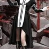 Gothic Style Black White Stand Collar PU Patent Leather Stitching Crucifix Design Short Front Long Back Hem Halloween Long-Sleeved Dress