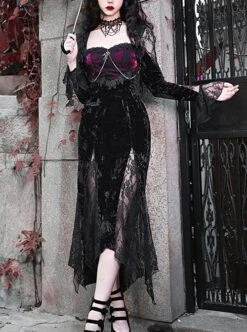 Halloween Gothic Velvet Panel Lace Crucifix Metal Chain Decoration Slim Fit Fishtail Long Sleeve Dress -NAUS Lolita Shop 1 500x672 1608