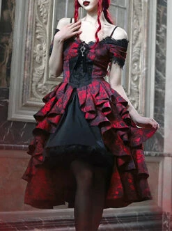 Hades Banquet Series Reddish Black Jacquard Lace Layered Pleated Hem Gothic Off-The-Shoulder Design Brooch Decoration Dress -NAUS Lolita Shop 1 500x672 1618