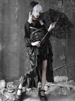 Gothic Black Chiffon Shirt And PU Satin Drawstring Sling Dress Two-piece -NAUS Lolita Shop 1 500x672 1619