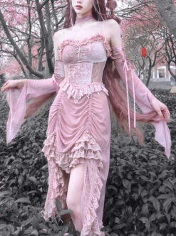 Cherry Nightmare Series Velvet Embossed Fabric Lace Frills Drawstring Design Stretch Flared Sleeves Sexy Gothic Pink Sling Dress -NAUS Lolita Shop 1 500x672 1629