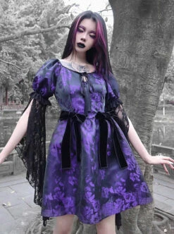 Tassel Binding Band Bowknot Purple Jacquard Gothic Puff Sleeve Dress -NAUS Lolita Shop 1 500x672 1630
