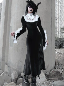 White Lace Black Velour Medieval Gothic Long Style Fishtail Dress 8 White Lace Black Velour Medieval Gothic Long Style Fishtail Dress -NAUS Lolita Shop 1 500x672 1636