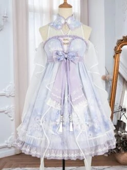 Chinoiserie Purple Stand Collar Lace Bead Chain Bow Fringe Design Swan Castle Print Classic Lolita Sleeveless Dress -NAUS Lolita Shop 1 500x672 178