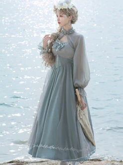Gray Blue Chiffon Elegant JSK Classic Lolita High Waist Long Style Dress -NAUS Lolita Shop 1 500x672 183