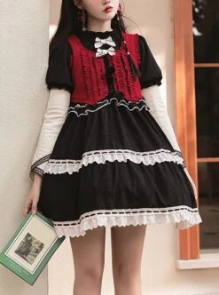 Wish Gift Box Series Cute Red Corduroy Vest Irregular Cuffs Lace Fake Three Pieces Classic Lolita Long Sleeve Dress Set -NAUS Lolita Shop 1 500x672 188