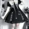 Spider Witch Series Cobweb Doll Collar Cobweb Black High Waist Ruffle Cross Straps Gothic Lolita Puff Sleeves Dress