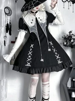 Spider Witch Series Cobweb Doll Collar Cobweb Black High Waist Ruffle Cross Straps Gothic Lolita Puff Sleeves Dress