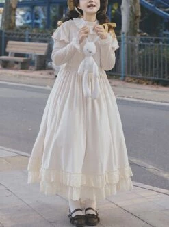 Sweet Tea Series Apricot Large Skirt Extended Hem Inside Round Neckline Ruffled Puff Long Straight Sleeves Classic Lolita Dress -NAUS Lolita Shop 1 500x672 201