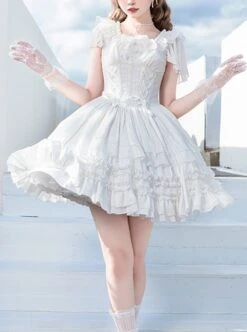 Miss Hill Series White Elegant Pure Color Binding Band Design Daily Classic Lolita Short Sleeve Dress -NAUS Lolita Shop 1 500x672 206