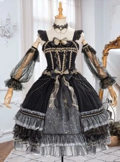Starry Night Series Organza Palace-Style Jacquard Lace Trim Beaded Decoration Black Sleeveless Classic Lolita Dress Set -NAUS Lolita Shop 1 500x672 221