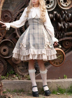 Backlight Memories Record Grey Khaki Check Design Cross Tie Bow Knots Grace Pleated Lace Classic Lolita Slip Dress -NAUS Lolita Shop 1 500x672 223