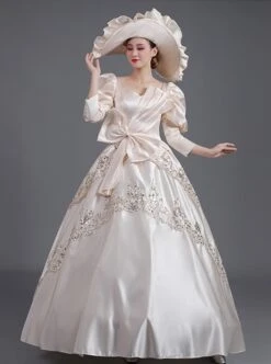 Champagne Puff Mid-length Sleeve Pearls Large Bowknot Court Ladylike Style Elegant Charming Prom Lolita Dress