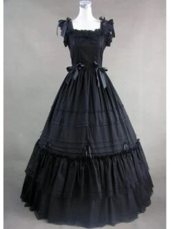 Classic Black Sleeveless Lolita Dress With Ruffled Ribbon Cotton