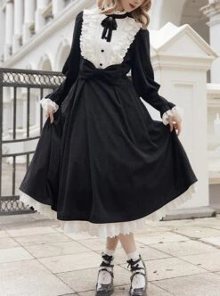 Silent Poem Series Black Nun Autumn Winter White Ruffles Lace Classic Retro Gothic Style Lamb Leg Sleeves Dress -NAUS Lolita Shop 1 500x672 31