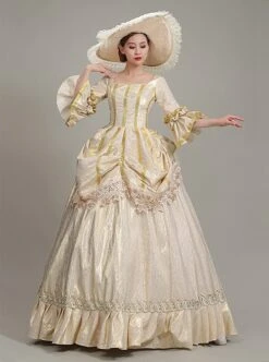 Elegant Champagne Puff Mid-length Sleeve Golden Vertical Stripes Decoration Royal Court Style Lolita Prom Dress -NAUS Lolita Shop 1 500x672 311