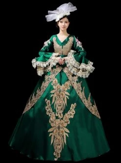 Green V-shape Neckline Dark Golden Embroidery Retro Lolita Prom Long Sleeve Dress -NAUS Lolita Shop 1 500x672 317