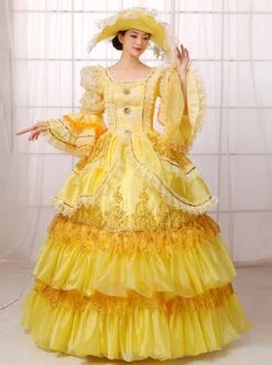 Gorgeous Retro Yellow Square Collar Lace Embroidery Drawstring At The Back Lolita Prom Long Sleeve Dress -NAUS Lolita Shop 1 500x672 325