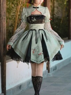 Orchid Pavilion Chinese Style Bamboo Leaves Auspicious Clouds Green Print Elegant Splice Lace Broad Sleeves Classic Lolita Dress OP -NAUS Lolita Shop 1 500x672 337