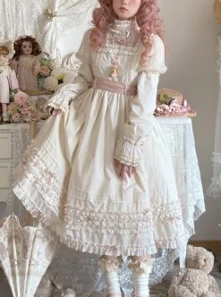 Retro Ruffle Stand Collar Puff Sleeves Detachable Long Sleeves Pearl Bow-Knot Decoration Classic Lolita Long Sleeves Short Sleeves Two-Wear Dress -NAUS Lolita Shop 1 500x672 340