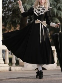 Twilight Mail Series White Ruffled Edge Splicing Black Big Hem Bowknot Classic Lolita Juliet Sleeves Dress -NAUS Lolita Shop 1 500x672 348