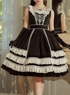 Heartbeat Direction Series JSK Summer Black A-shape Mid-length High Waist Style Flying Sleeves Lace Bow Classic Lolita Sling Dress -NAUS Lolita Shop 1 500x672 350