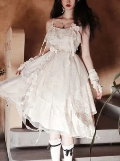 Pure Color Irregular Skirt Three-Dimensional Flower Corsage Waist Chain Elegant Sleeveless Classic Lolita Dress -NAUS Lolita Shop 1 500x672 357