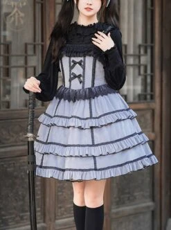 Foggy Moon Series Black Lace Decoration Gray Blue Three-Stage Ruffle Stitching Hem Classic Lolita Sleeveless Dress -NAUS Lolita Shop 1 500x672 358