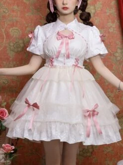 Bow Print Graphic Decoration Small Shawl Chinese Style Buckle Design Pleated Fluffy Lace Hem Classic Lolita Short Sleeve Dress -NAUS Lolita Shop 1 500x672 365