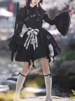 Bamboo Leaf Dark Pattern Jacquard New Chinese Style Elegant Bowknot Black Classic Lolita Sleeveless Suspender Dress -NAUS Lolita Shop 1 500x672 370