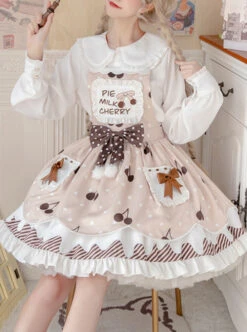 Cherry Milk Pie Series JSK Cute Polka Dot Pattern Brown Element Bow Tie Pleated Lace Classic Lolita Sling Dress -NAUS Lolita Shop 1 500x672 372