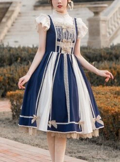 Navy Blue Lace Bow Elegant Color Contrast Vintage JSK Classic Lolita Sleeveless Dress Set -NAUS Lolita Shop 1 500x672 374