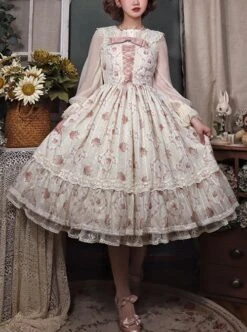 Elegant And Delicate Pink Floral Print Design Jacquard Lace Trim Bow Knot Tie Classic Lolita Slip Dress -NAUS Lolita Shop 1 500x672 377