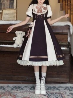 Chocolate Workshop Series Brown College Style Cute Lace Round Neckline Bowknot Classic Lolita Short Sleeves Long Dress OP -NAUS Lolita Shop 1 500x672 382