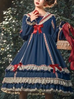 Miss Betty Series Solid Color Daily Spring Autumn Striped V-Neck Red Bow-Knot Decoration Classic Lolita Long-Sleeved Dress -NAUS Lolita Shop 1 500x672 386