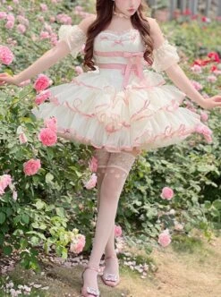 Pink Bowknot Lace Sweet Ballerina Style Slim Fit Daily Sweet Lolita Sleeveless Dress -NAUS Lolita Shop 1 500x672 391